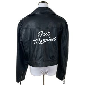 David’s Bridal SZ 1X “Just Married” Black Vegan Leather Embroidered Moto Jacket